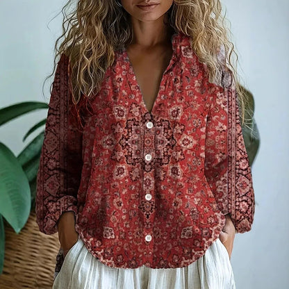 Femme Blouse Bohème Manches Longues avec Col en V et Imprimé Floral