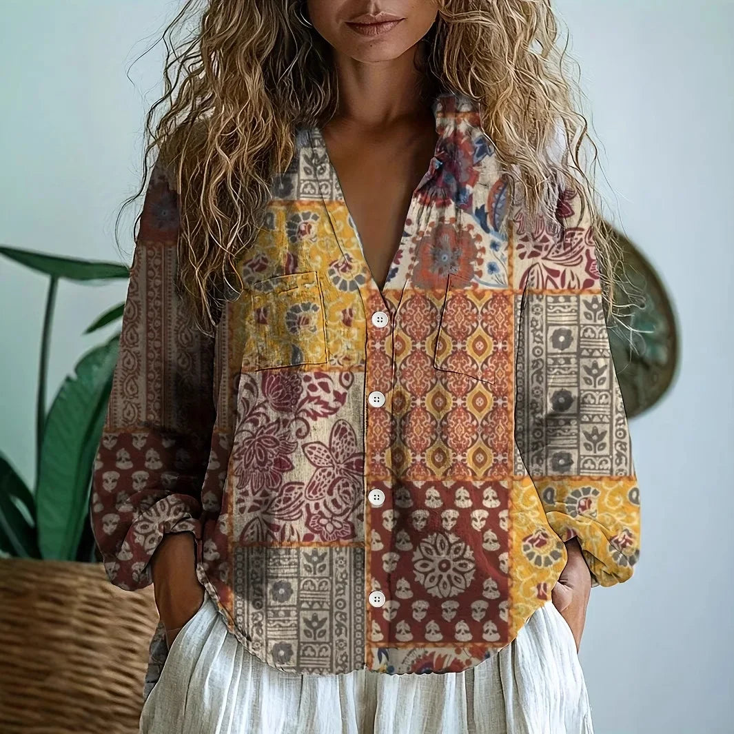 Femme Blouse Bohème Manches Longues avec Col en V et Imprimé Floral