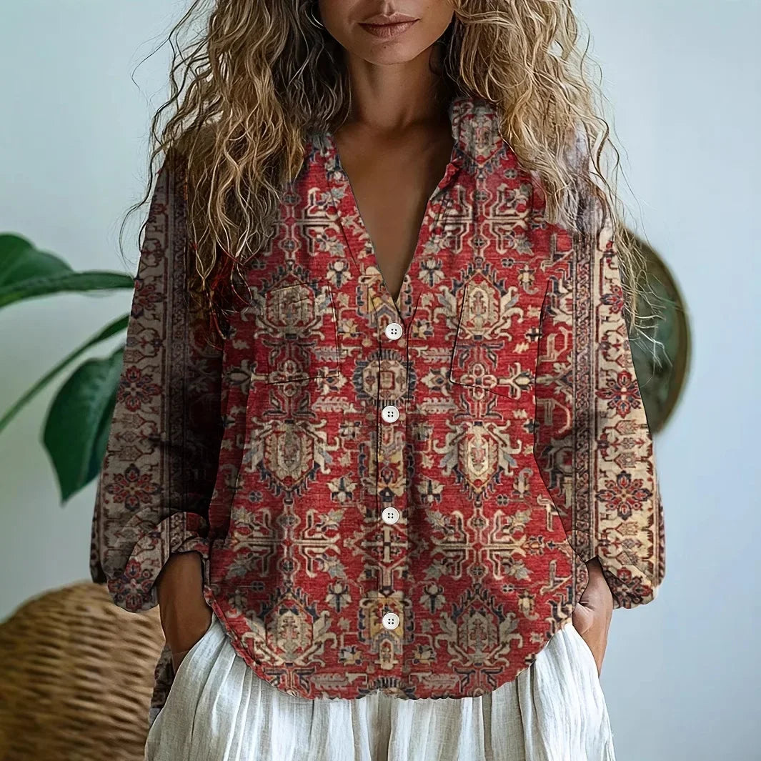 Femme Blouse Bohème Manches Longues avec Col en V et Imprimé Floral