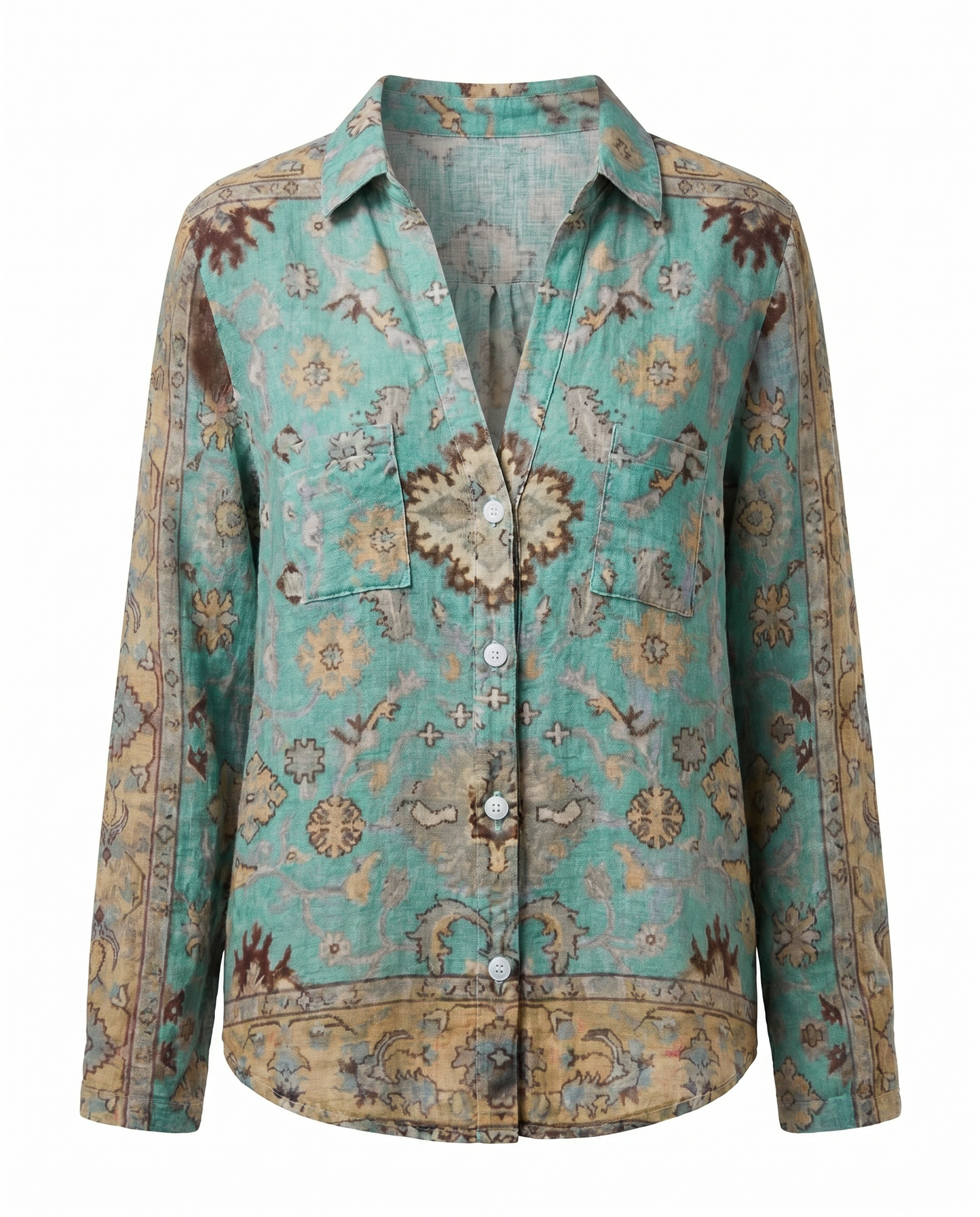 Femme Blouse Bohème Manches Longues avec Col en V et Imprimé Floral