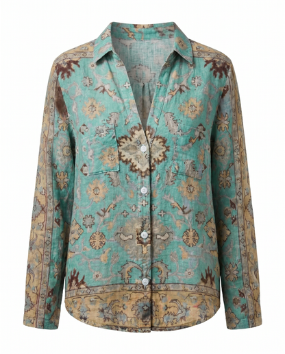 Femme Blouse Bohème Manches Longues avec Col en V et Imprimé Floral