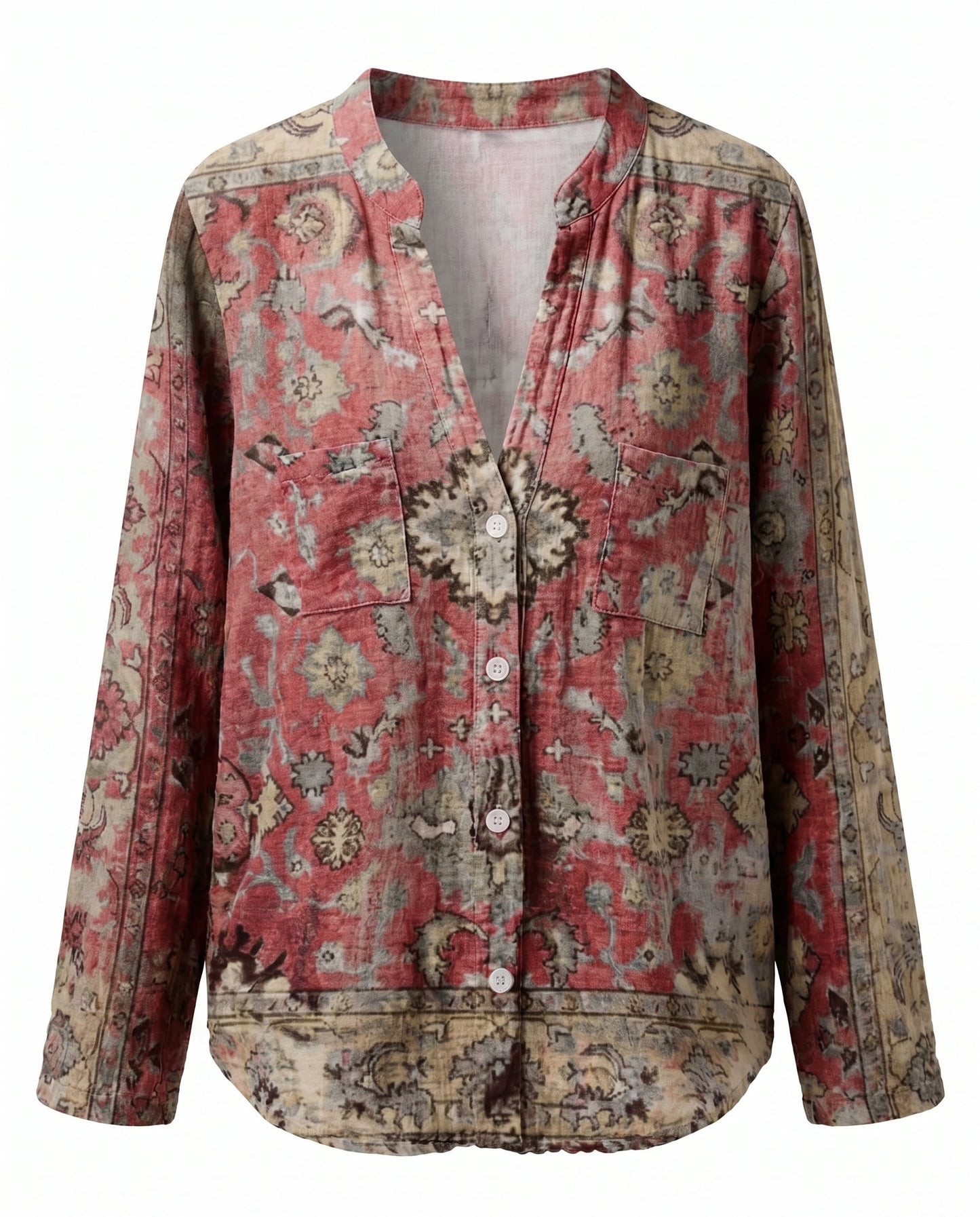 Femme Blouse Bohème Manches Longues avec Col en V et Imprimé Floral