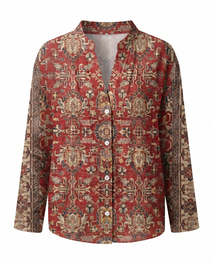 Femme Blouse Bohème Manches Longues avec Col en V et Imprimé Floral