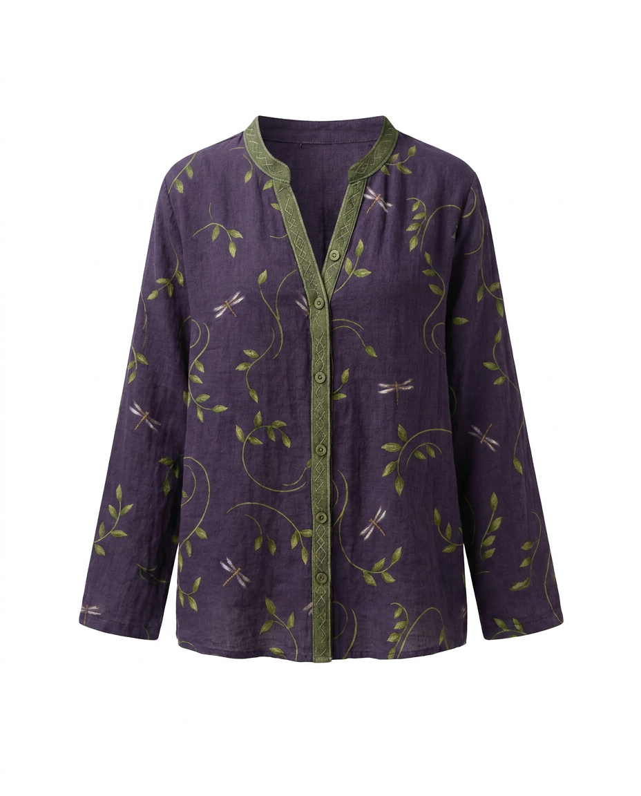 Femme Blouse Bohème Manches Longues avec Col en V et Imprimé Floral