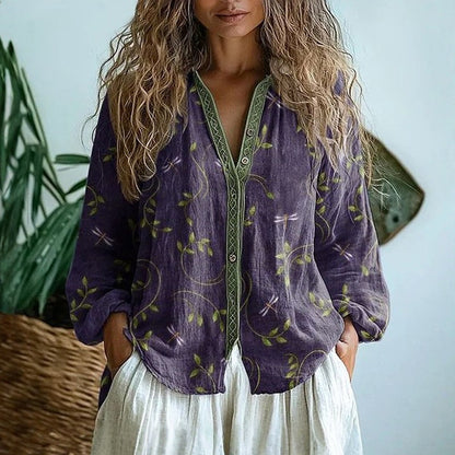 Femme Blouse Bohème Manches Longues avec Col en V et Imprimé Floral