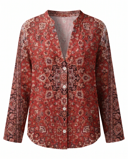 Femme Blouse Bohème Manches Longues avec Col en V et Imprimé Floral