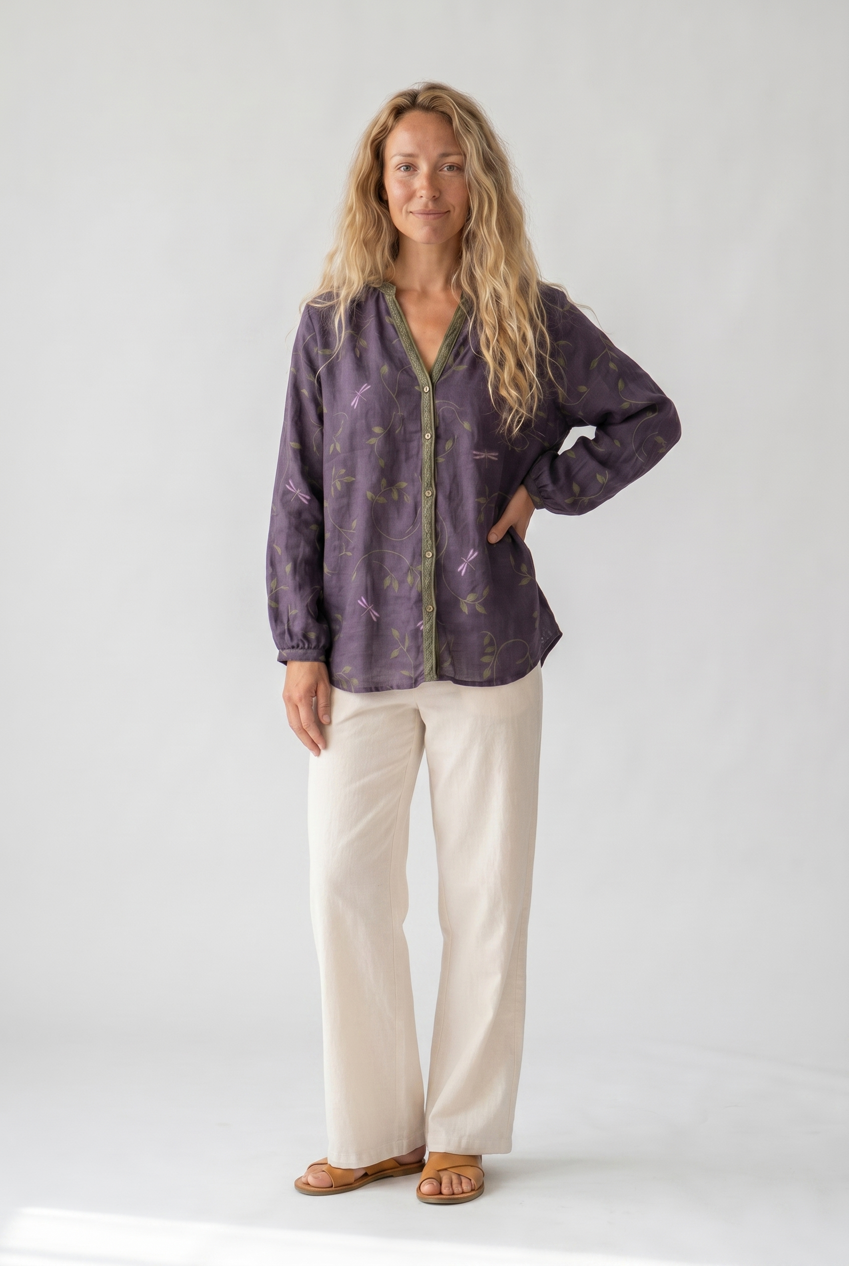 Femme Blouse Bohème Manches Longues avec Col en V et Imprimé Floral