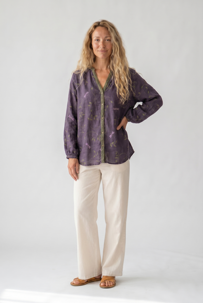 Femme Blouse Bohème Manches Longues avec Col en V et Imprimé Floral