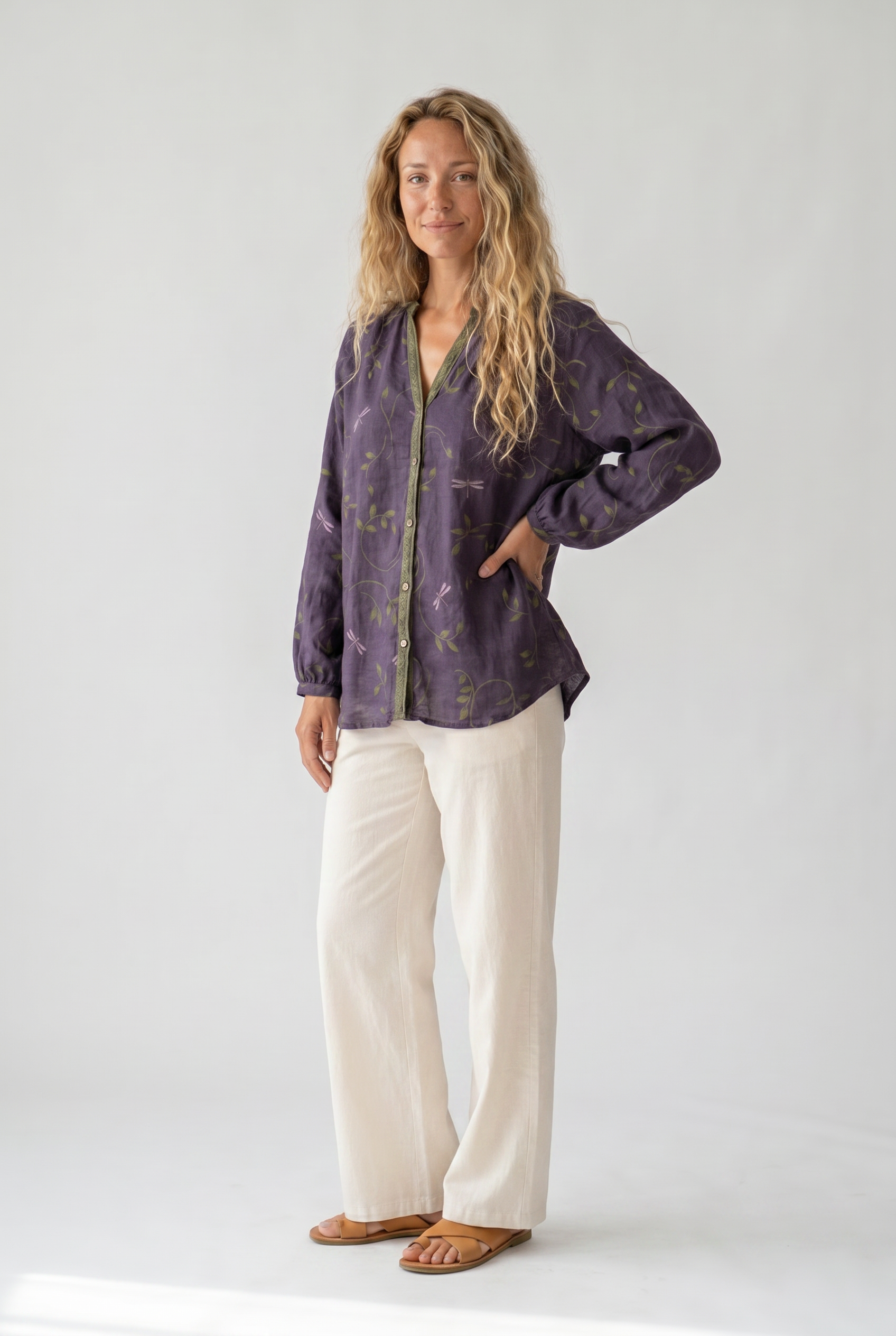 Femme Blouse Bohème Manches Longues avec Col en V et Imprimé Floral