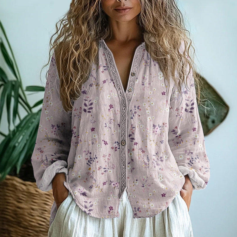 Femme Blouse Bohème Manches Longues avec Col en V et Imprimé Floral