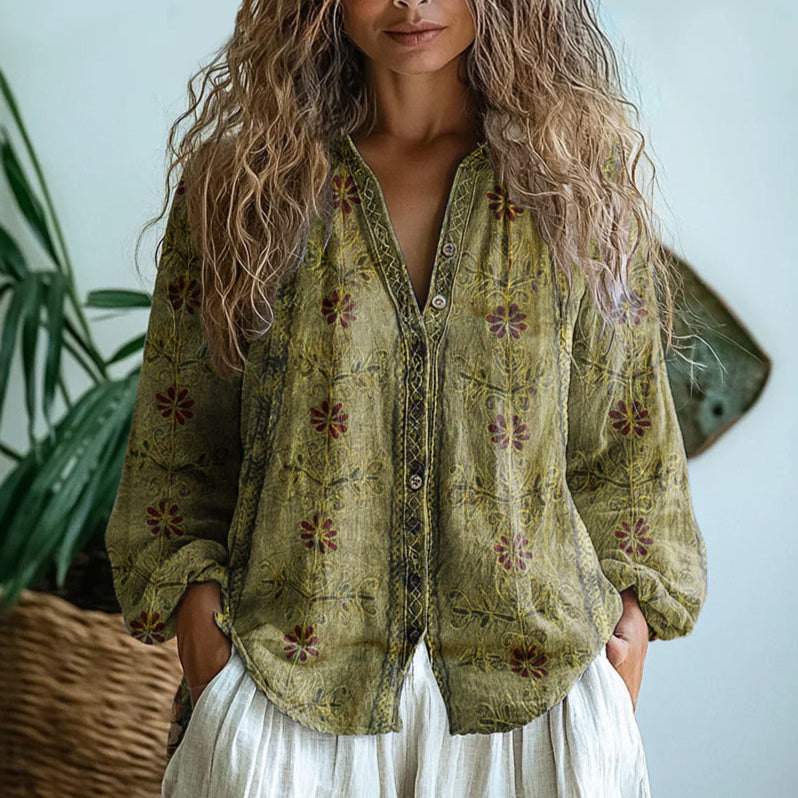 Femme Blouse Bohème Manches Longues avec Col en V et Imprimé Floral