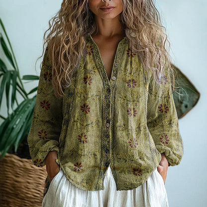 Femme Blouse Bohème Manches Longues avec Col en V et Imprimé Floral