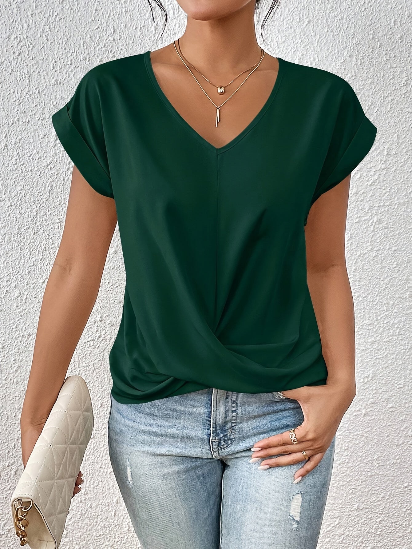 Femme Blouse Courte à Col en V et Détail Croisé dans le Bas