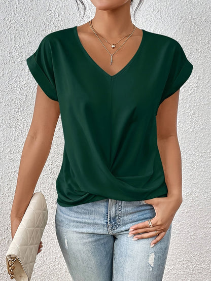 Femme Blouse Courte à Col en V et Détail Croisé dans le Bas