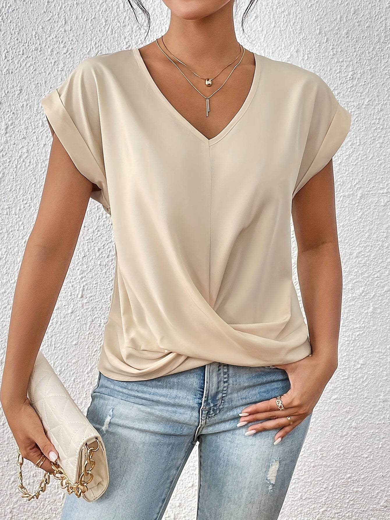 Femme Blouse Courte à Col en V et Détail Croisé dans le Bas