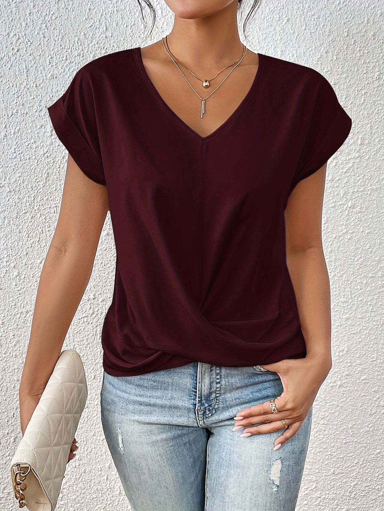 Femme Blouse Courte à Col en V et Détail Croisé dans le Bas