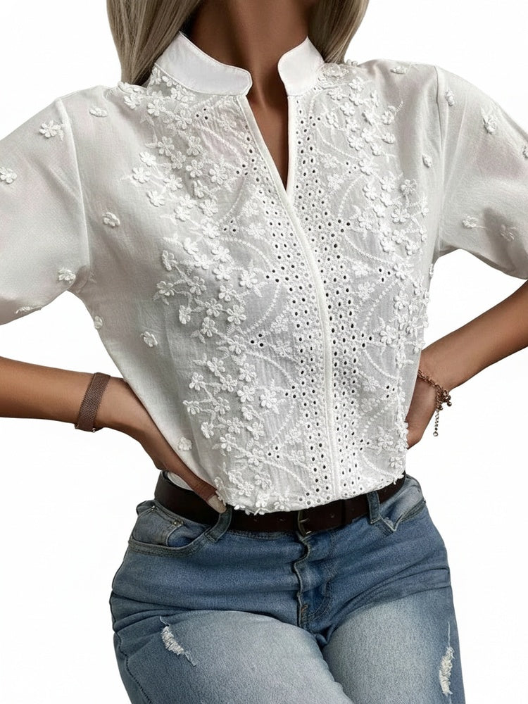 Femme Blouse Courte à Col Montant avec Broderie Florale et Broderie Anglaise