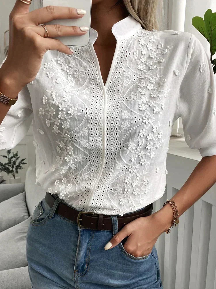 Femme Blouse Courte à Col Montant avec Broderie Florale et Broderie Anglaise