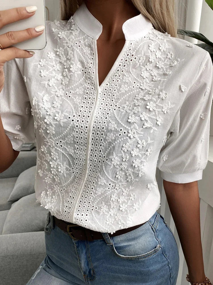 Femme Blouse Courte à Col Montant avec Broderie Florale et Broderie Anglaise