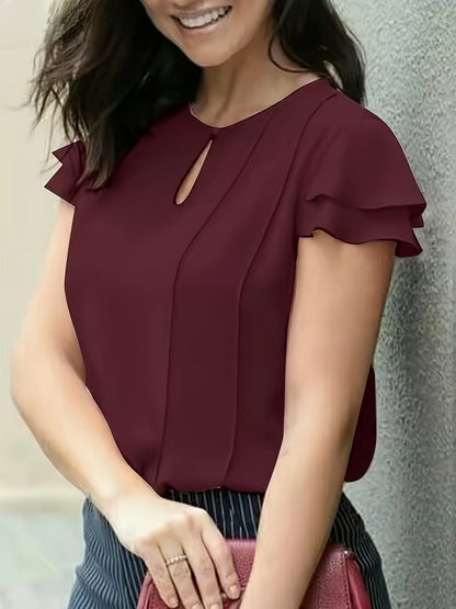 Femme Blouse Courte à Manches Volantées avec Col Rond et Découpe Goutte