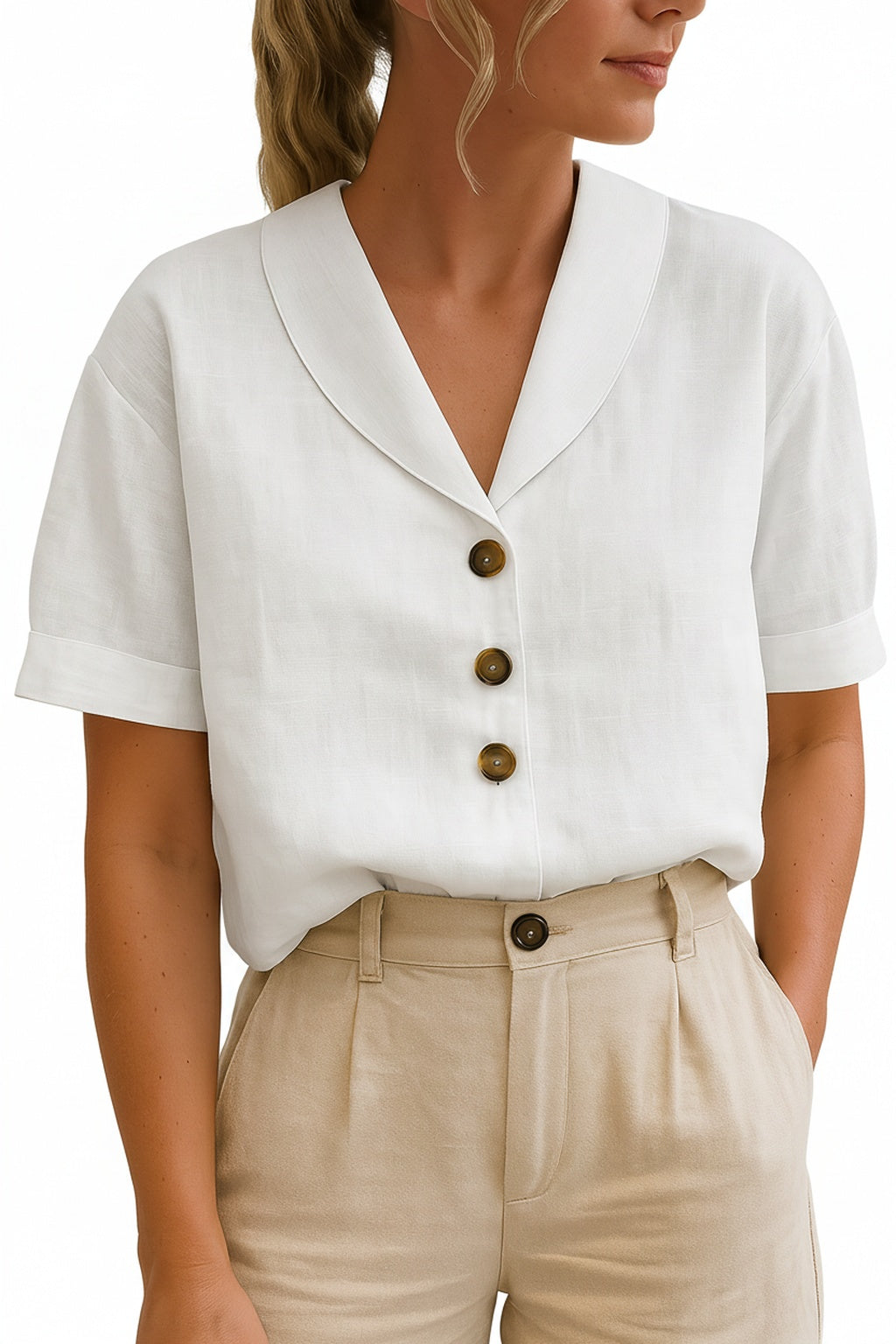 Femme Blouse Courte Manches Courtes avec Col Châle et Boutons