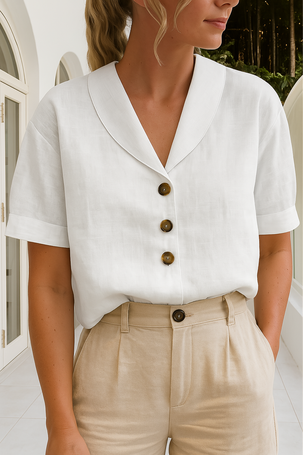 Femme Blouse Courte Manches Courtes avec Col Châle et Boutons