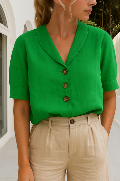 Femme Blouse Courte Manches Courtes avec Col Châle et Boutons