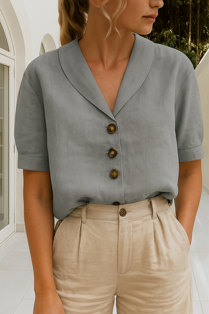 Femme Blouse Courte Manches Courtes avec Col Châle et Boutons