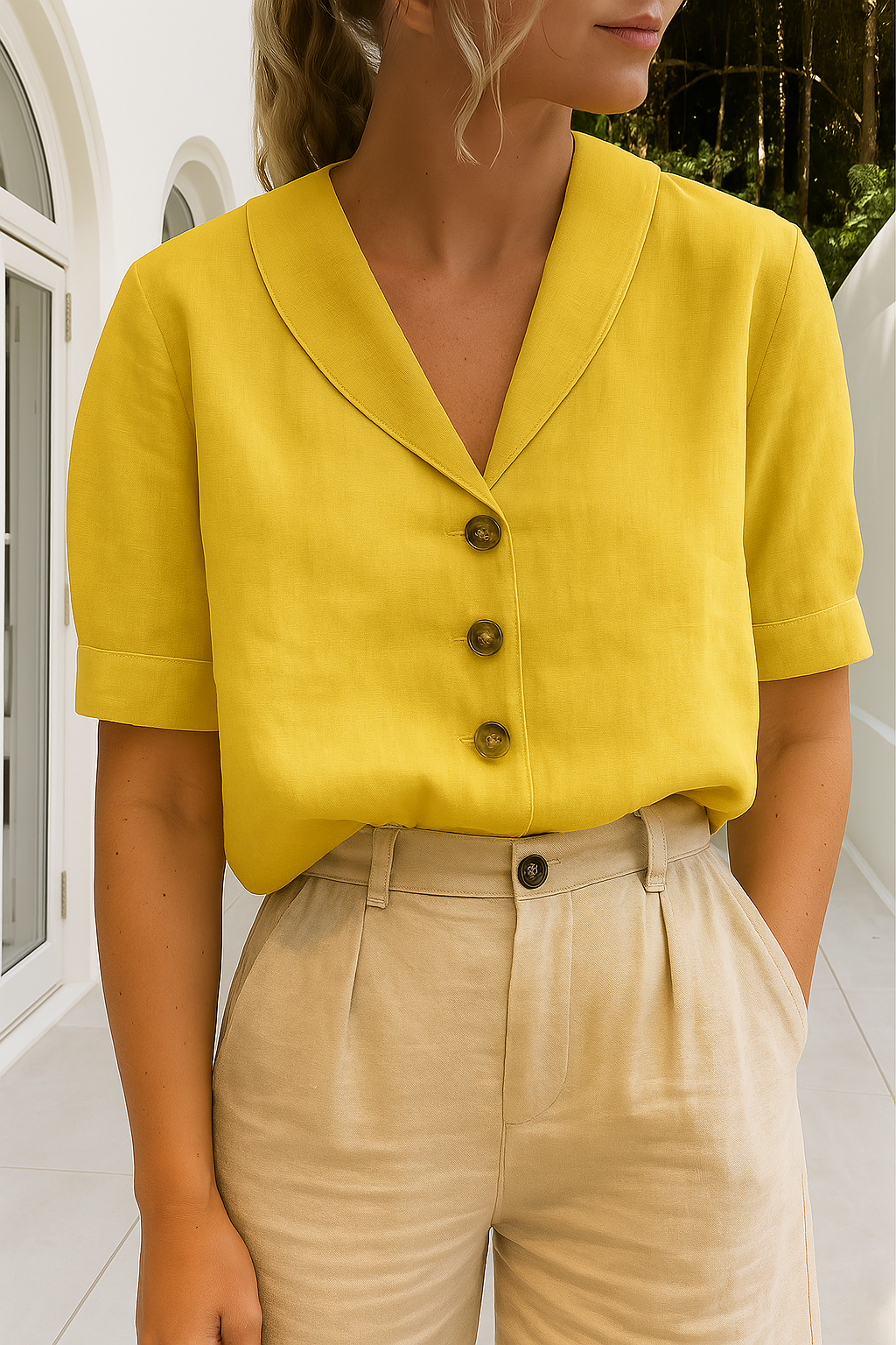 Femme Blouse Courte Manches Courtes avec Col Châle et Boutons