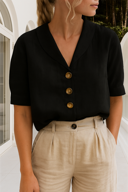 Femme Blouse Courte Manches Courtes avec Col Châle et Boutons