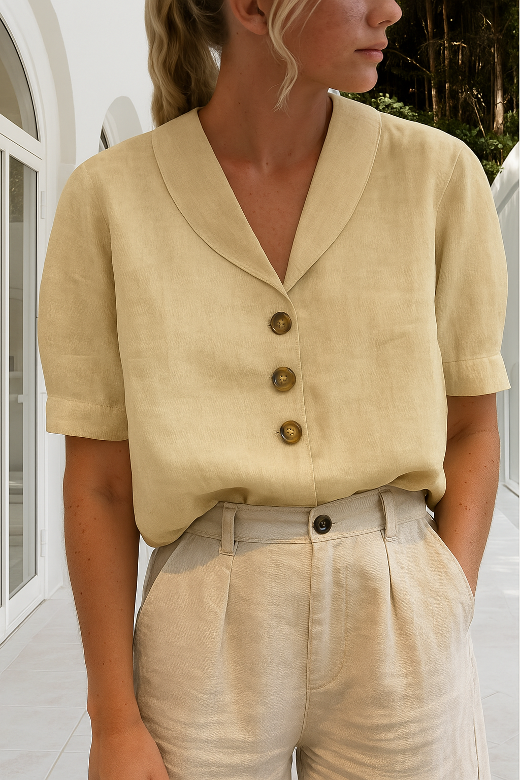 Femme Blouse Courte Manches Courtes avec Col Châle et Boutons