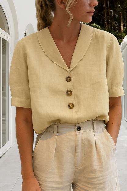 Femme Blouse Courte Manches Courtes avec Col Châle et Boutons