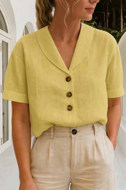 Femme Blouse Courte Manches Courtes avec Col Châle et Boutons