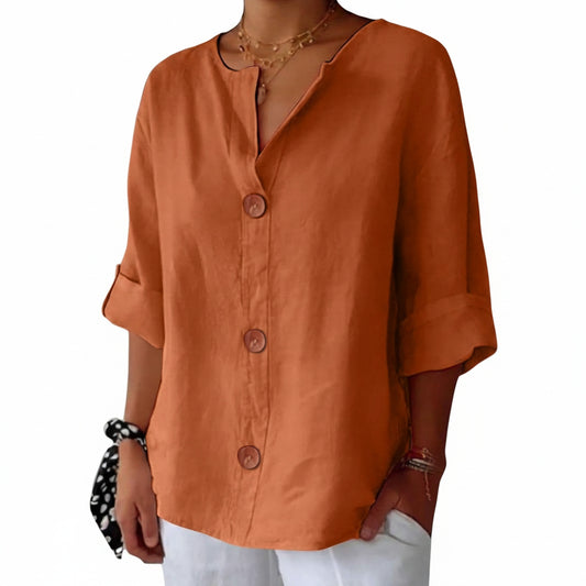 Femme Blouse Décontractée col V avec Boutons et Manches Trois-Quarts