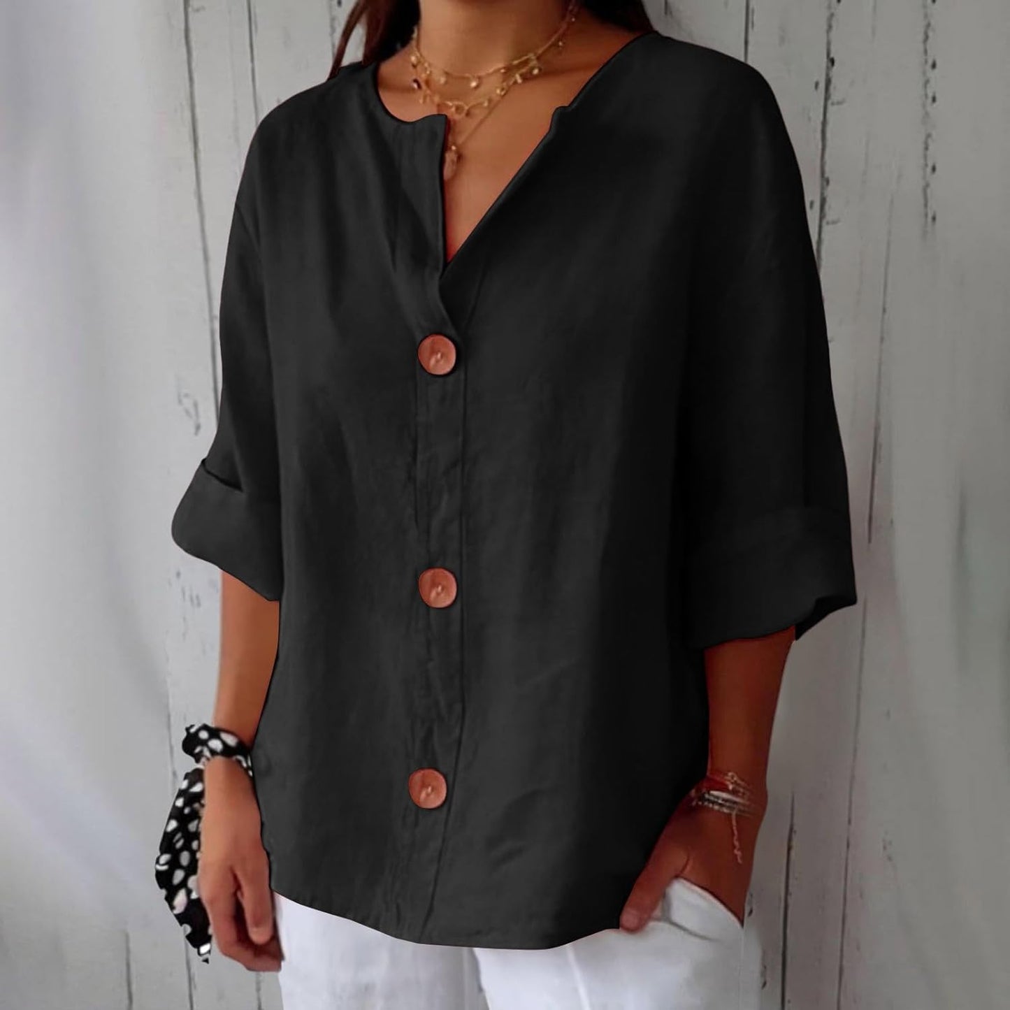 Femme Blouse Décontractée col V avec Boutons et Manches Trois-Quarts