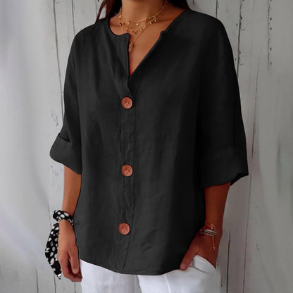 Femme Blouse Décontractée col V avec Boutons et Manches Trois-Quarts