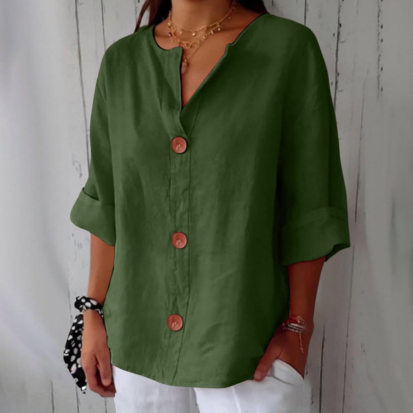 Femme Blouse Décontractée col V avec Boutons et Manches Trois-Quarts