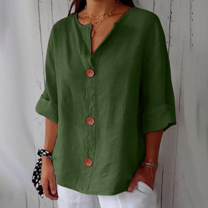 Femme Blouse Décontractée col V avec Boutons et Manches Trois-Quarts