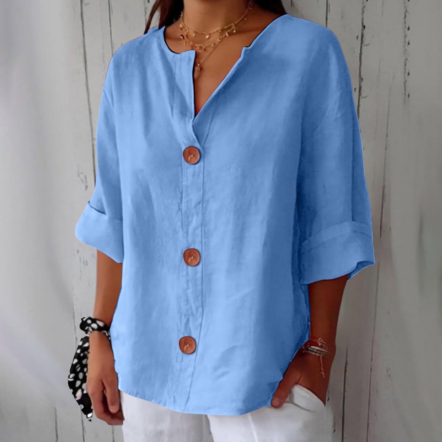 Femme Blouse Décontractée col V avec Boutons et Manches Trois-Quarts
