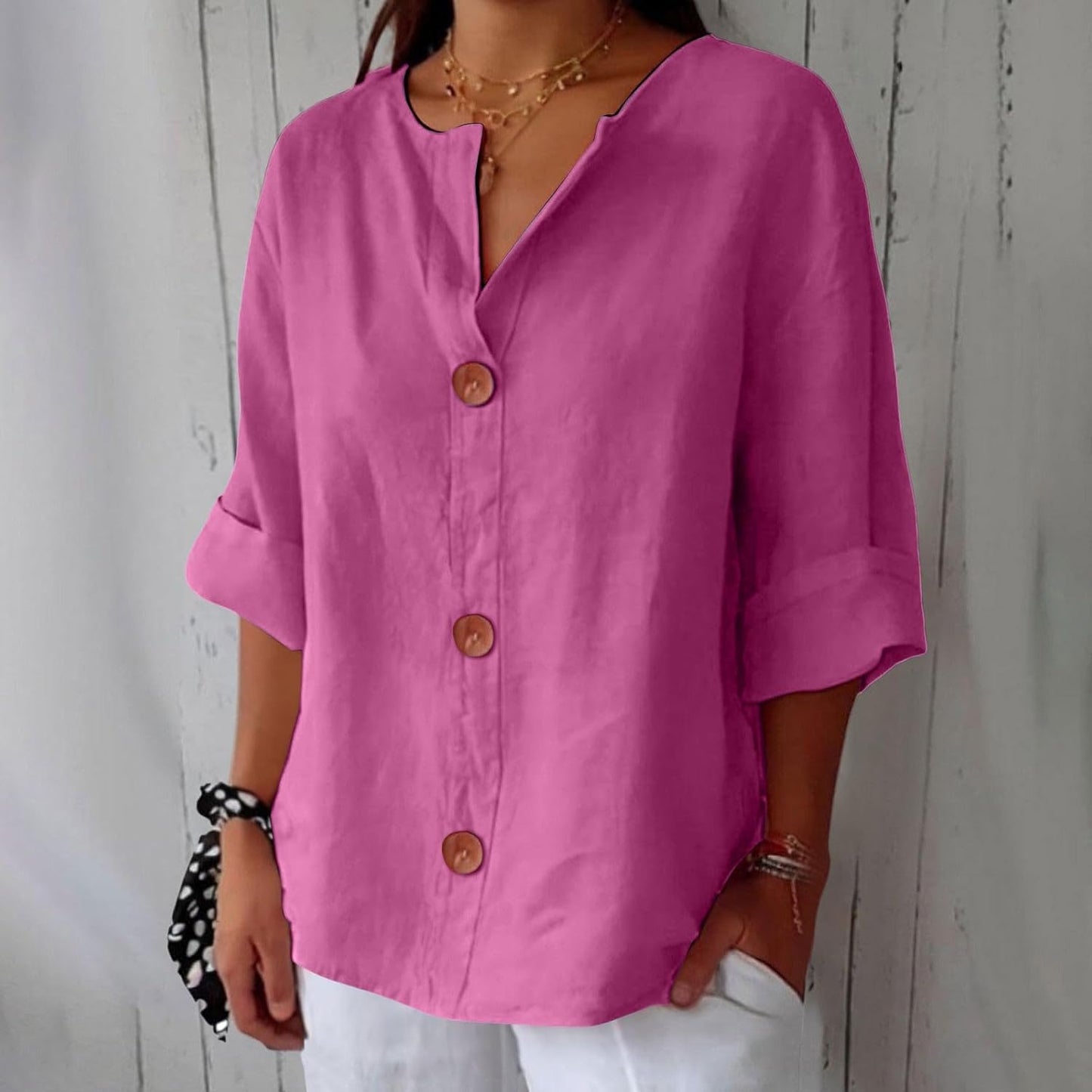 Femme Blouse Décontractée col V avec Boutons et Manches Trois-Quarts