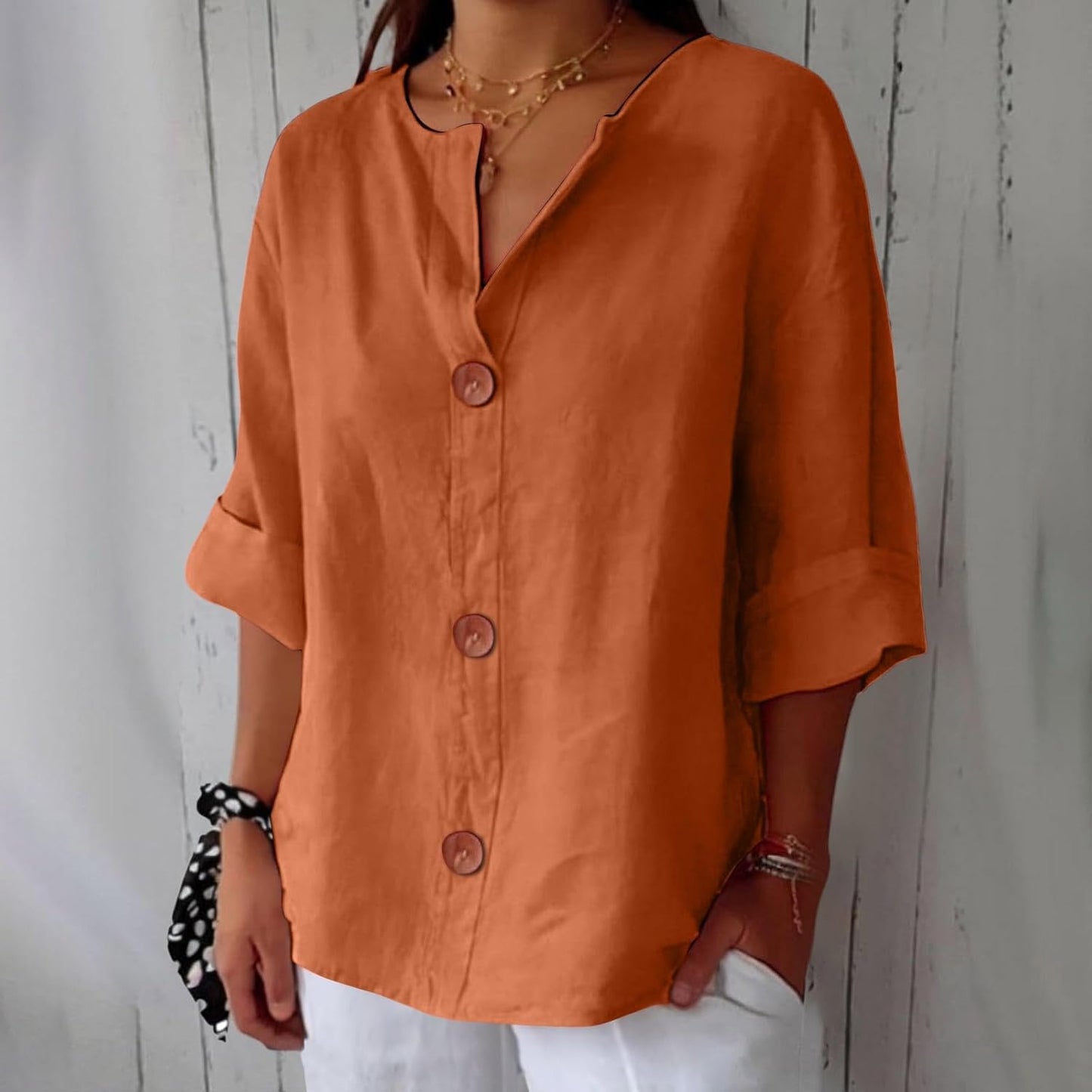 Femme Blouse Décontractée col V avec Boutons et Manches Trois-Quarts