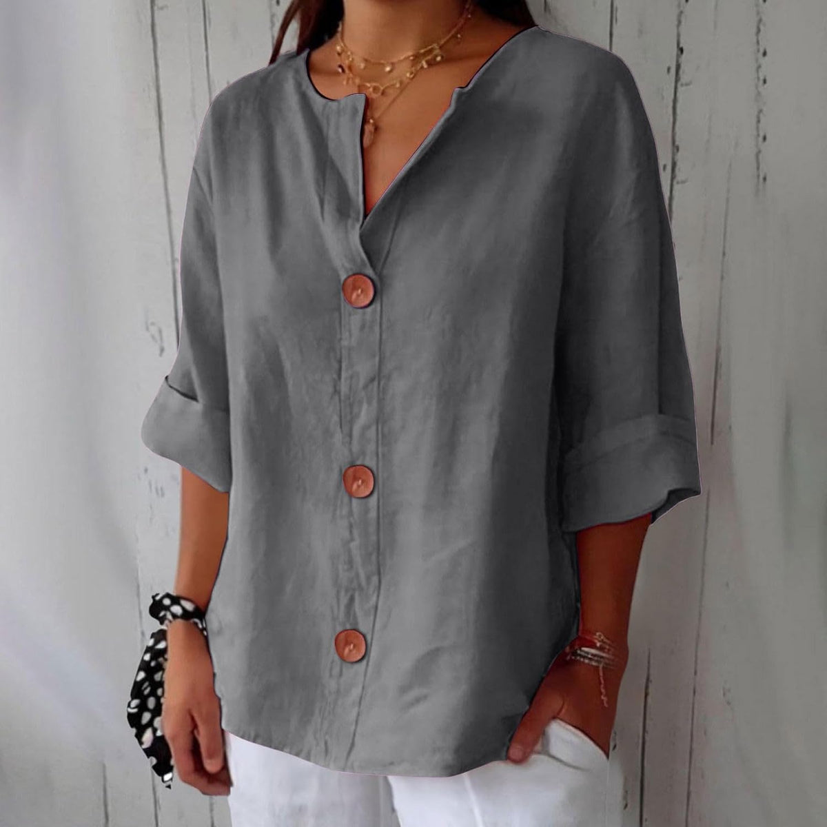 Femme Blouse Décontractée col V avec Boutons et Manches Trois-Quarts