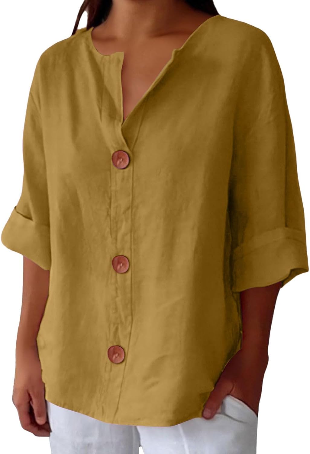 Femme Blouse Décontractée col V avec Boutons et Manches Trois-Quarts
