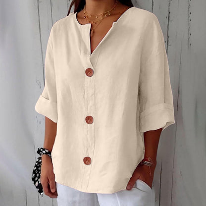 Femme Blouse Décontractée col V avec Boutons et Manches Trois-Quarts
