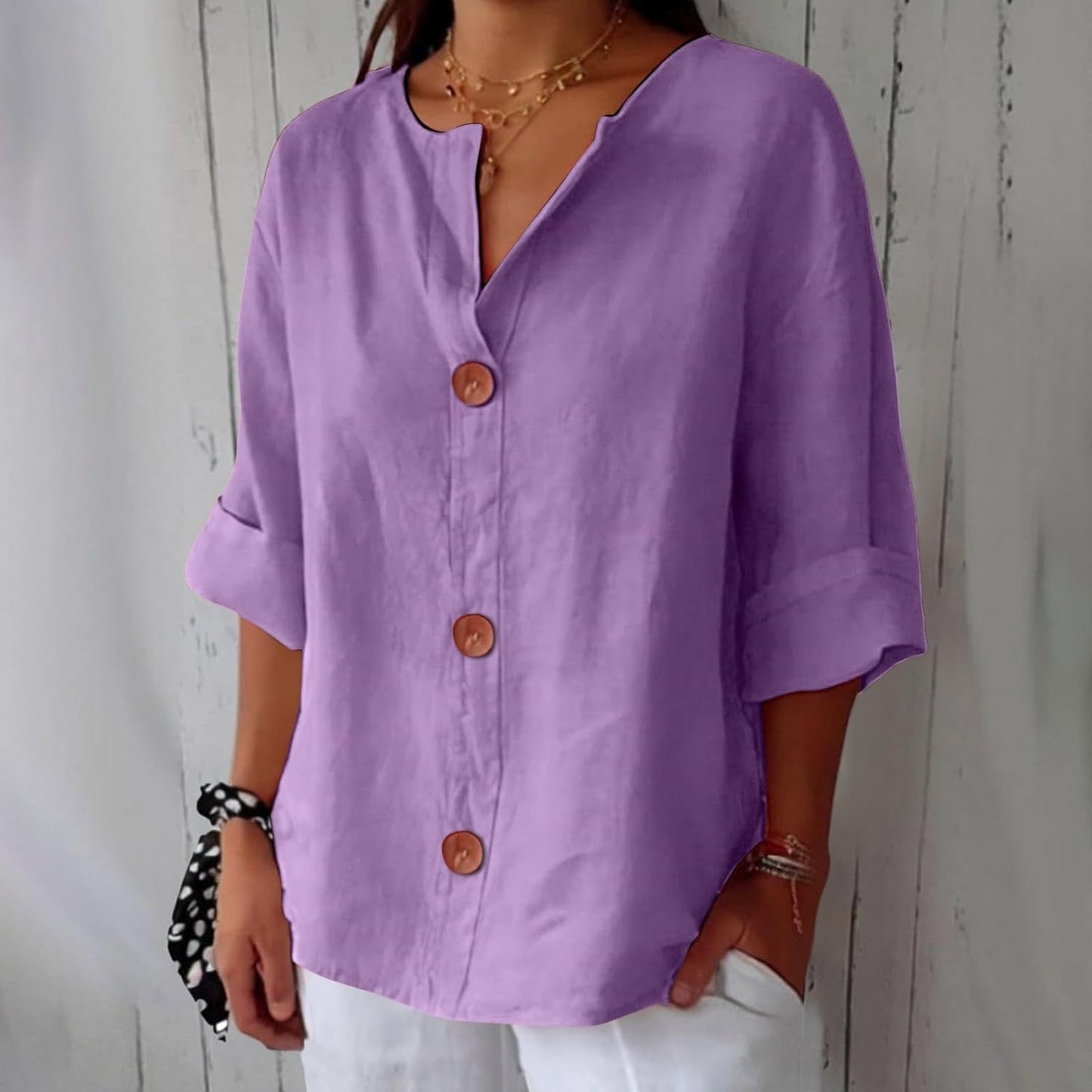 Femme Blouse Décontractée col V avec Boutons et Manches Trois-Quarts
