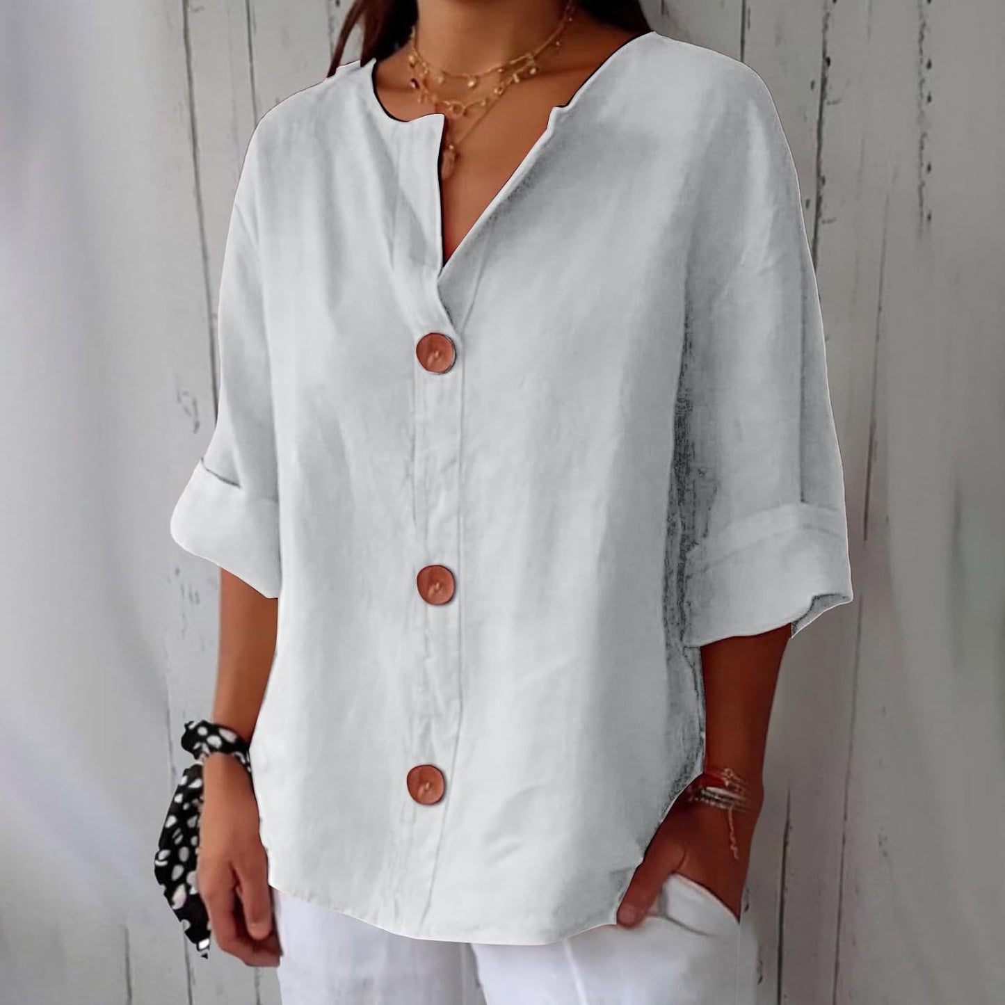 Femme Blouse Décontractée col V avec Boutons et Manches Trois-Quarts