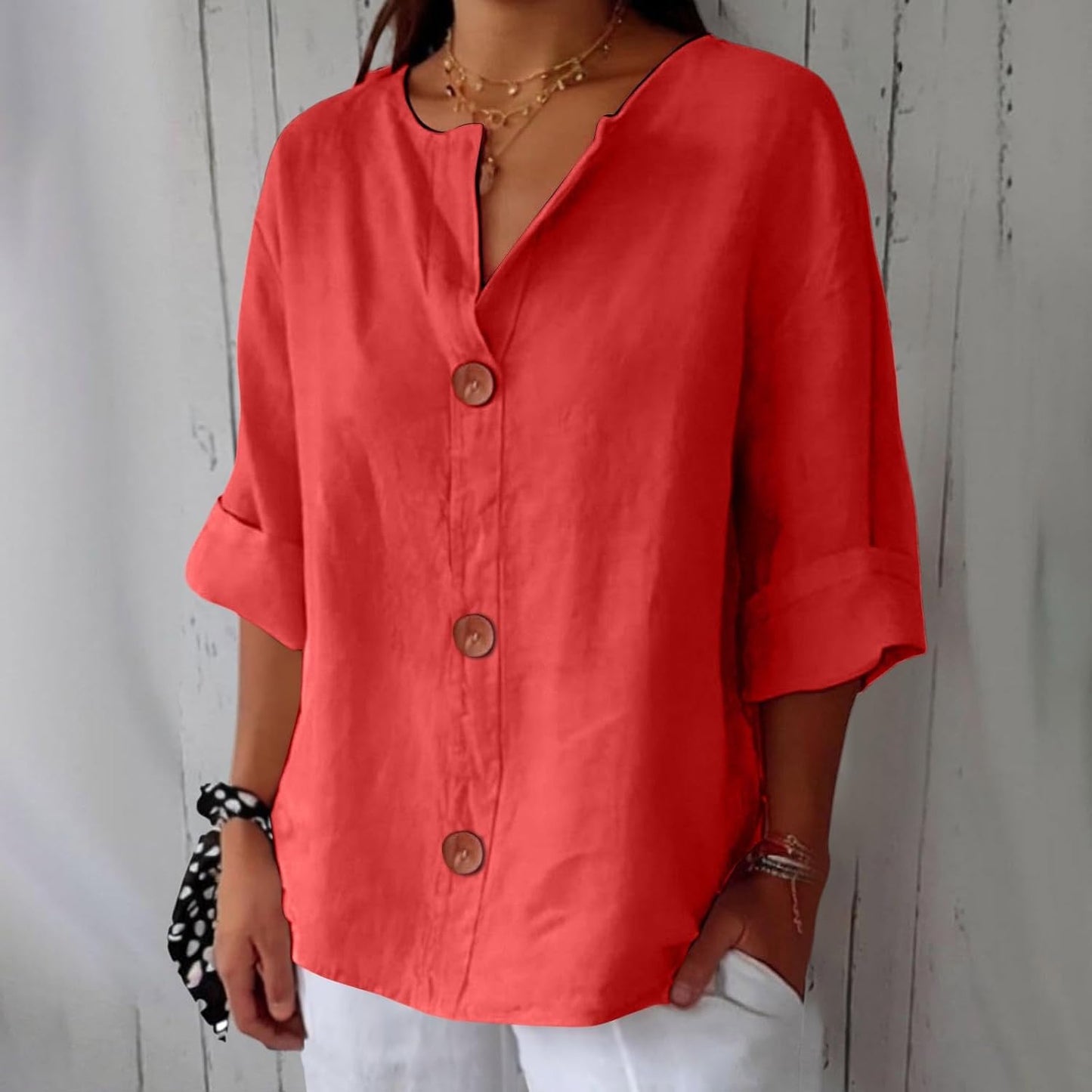Femme Blouse Décontractée col V avec Boutons et Manches Trois-Quarts