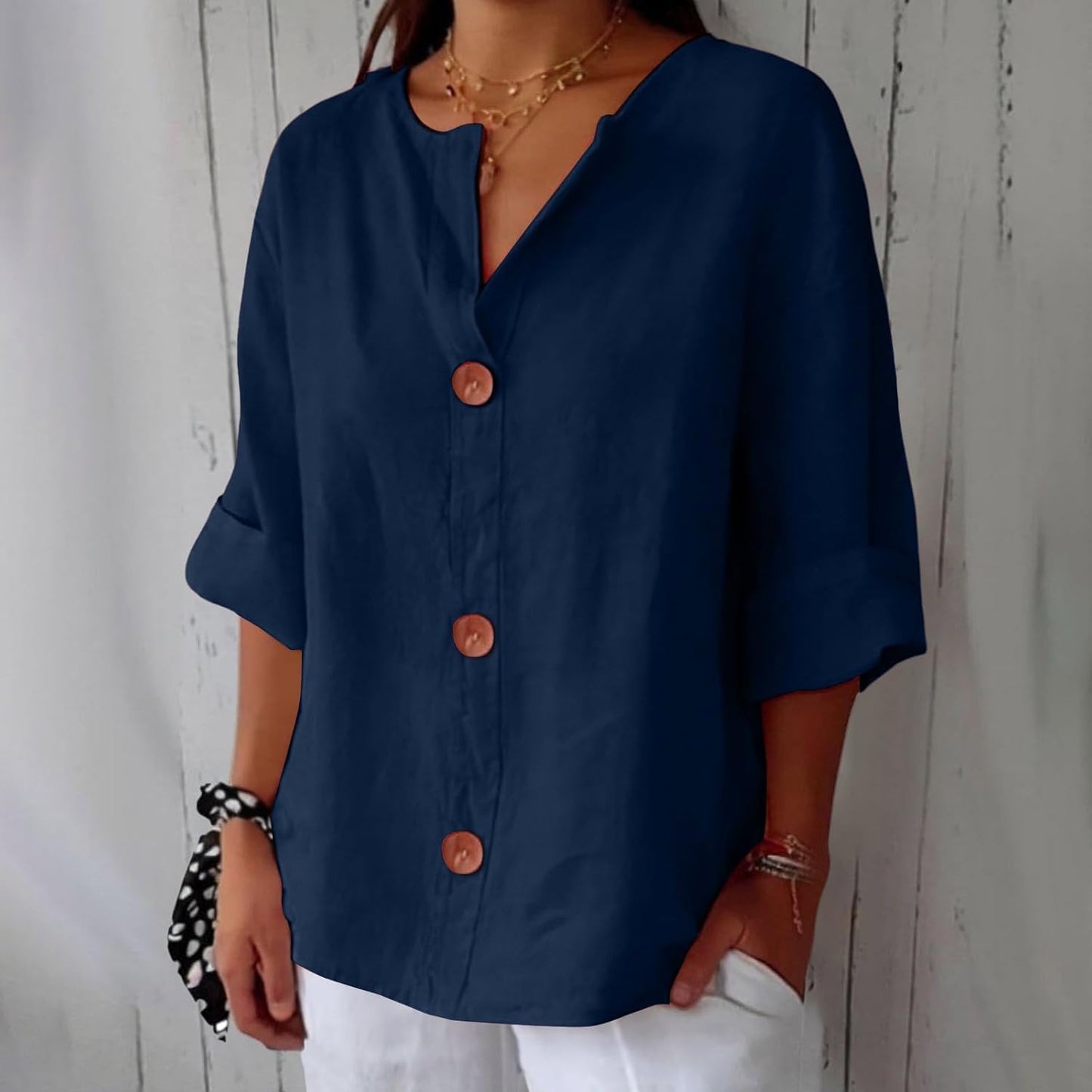 Femme Blouse Décontractée col V avec Boutons et Manches Trois-Quarts