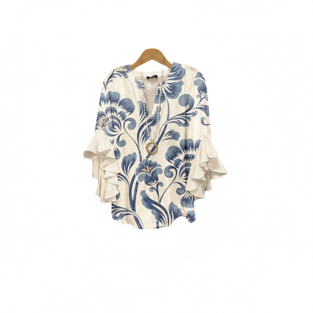 Femme Blouse Florale à Manches Volantées avec Col en V et Coupe Loose