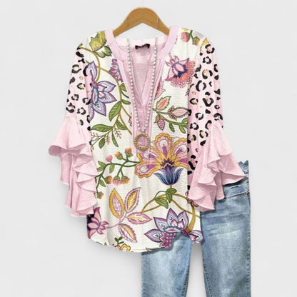 Femme Blouse Florale à Manches Volantées avec Col en V et Coupe Loose